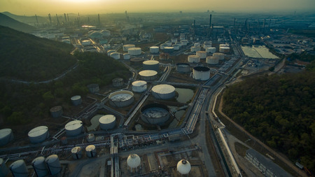 aerial view of oil tank storage in heavy petrochemical industries estate plant