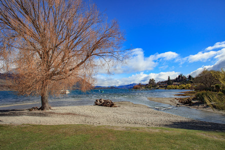 beautiful scenic of lake wanaka in south island new zealand important landmark and traveling destinationの写真素材