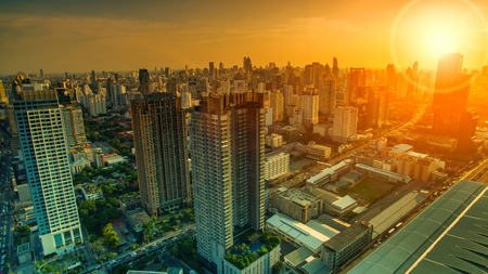 aerial view of sky scraper in heart of bangkok thailand capital with beautiful sun light over skyの写真素材