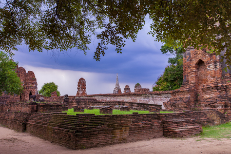 old brick wall in ayuthaya world heritage site of unesco central of thailandのeditorial素材