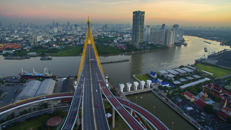 aerial view of bhumibol bridge important landmark and traffic transportation in bangkok thailand