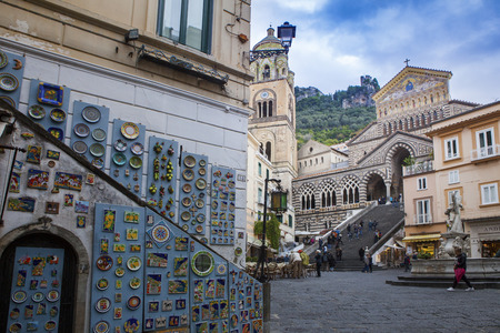 DUOMO ST.ANDREW AMALFI  ITALY - NOVEMBER 5 : tourist taking a pho and standing in front of Amalfi cathedral  church on november 5, 2016 in amalfi town south italyのeditorial素材