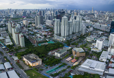 BANGKOK THAILAND - JUNE 8,2017 : aerial view of modern skyscraper at ratchadaphisek road newly business center in thailand capitalのeditorial素材
