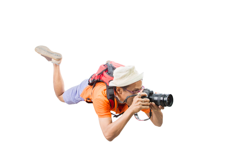 portrait face of young man take a photography by dslr camera floating mid air isolated white...