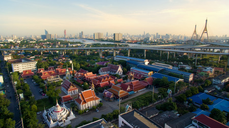 aerial view of temple and bhumibol bridge in bangkok thailandのeditorial素材