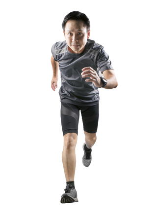 portrait of asian running man isolated white backgroundの写真素材