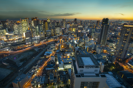 high angle view of osaka urban skyscraper at beautiful twilight skyの写真素材
