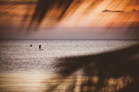 beautiful scene of vacation sea beach at sunset sky  looking through coconut leaves foregroundの写真素材