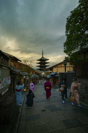kyoto japan - november 10,2018 : group of people wearing kimono clothes japanese tradition suit walking in yasaka shrine street one of most popular traveling destination in kyoto japanのeditorial素材