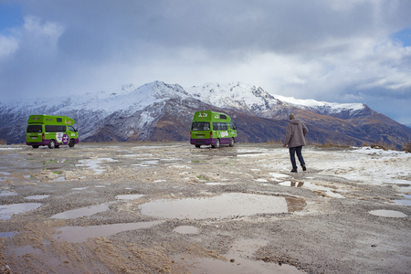 queenstown new zealand - september5,2015 : juicy tourist van parking on crown range road summit look viewpoint queenstown one of most popular traveling destinationのeditorial素材