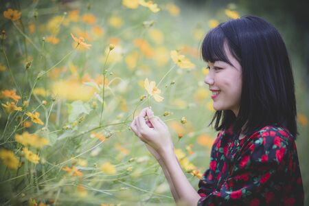 portrait of asian younger woman model pose in yellow flower blooming fieldの写真素材