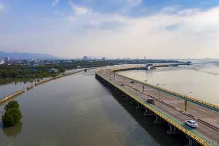 aerial view of road bridge over sea coast of chonburi eastern of thailandの写真素材