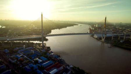 high angle view of bhumibol bridge one of most important landmark in bangkok thailand