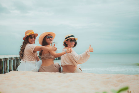 three asian woman sitting on vacation sea beach with happinessw emotionの写真素材