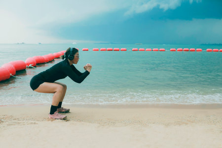woman wearing headphone approching for  squat exercise at sea beach