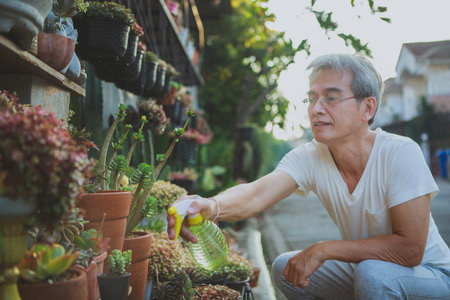 asian senior man watering houseplant at home gardenの写真素材
