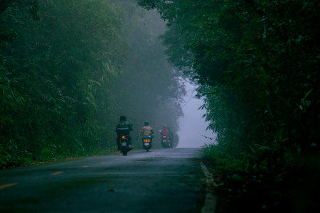 group of biker riding on foggy mountain road at khaoyai national park one of most popular traveling destination in thailandの写真素材