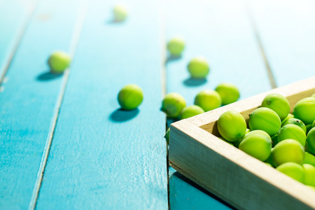 Lotus seeds in wooden frame on light blue wooden backgroundの写真素材