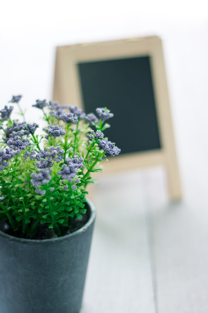Blackboard and violet flower on white wooden tableの写真素材