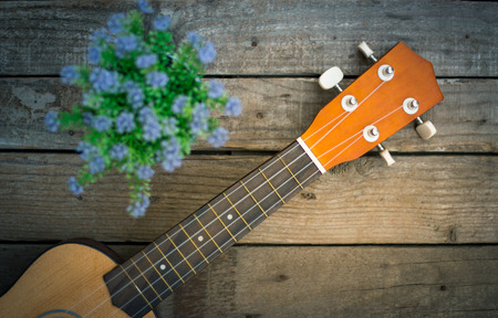 Ukulele and flower on wooden backgroundの写真素材