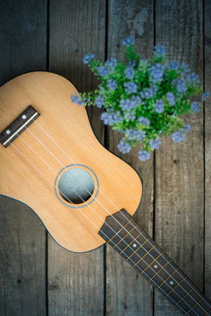 Ukulele and flower on wooden backgroundの写真素材