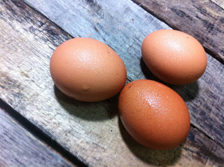 Brown eggs on the wooden tableの素材