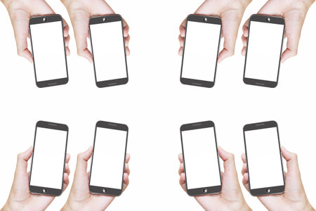 Man Hand holding White Smartphone with blank screen on white backgroundの写真素材