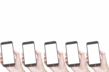Man Hand holding White Smartphone with blank screen on white backgroundの写真素材