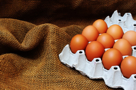 Eggs in a cardboard box on a burlap background.の写真素材