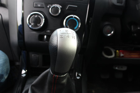 Automatic gearbox in a modern car, close-up.の写真素材