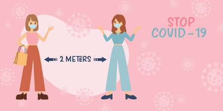 Keep Safe Distance Social Distancing in Queue 2 Meter Instruction Icon against the Spread of the Novel Coronavirus Covid-19.のイラスト素材