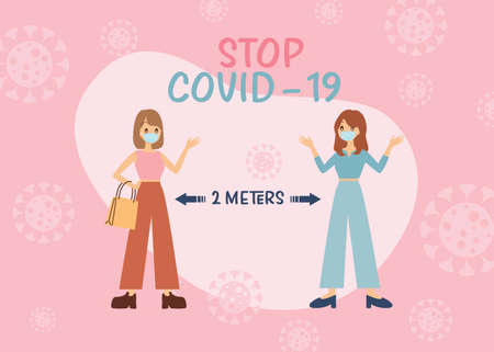 Keep Safe Distance Social Distancing in Queue 2 Meter Instruction Icon against the Spread of the Novel Coronavirus Covid-19.のイラスト素材
