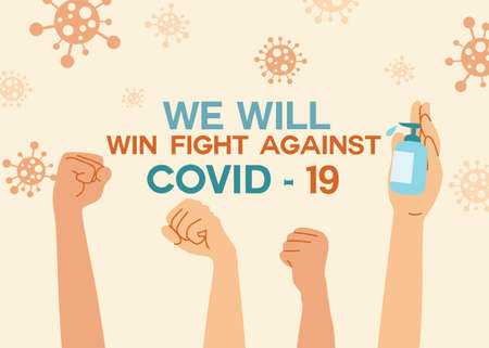 The gel raised his fist with confidence. The back has a message "We will win fight against COVID-19"のイラスト素材