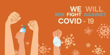 The masked and gel raised his fist with confidence. The back has a message "We will win fight against COVID-19"のイラスト素材