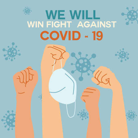 The masked raised his fist with confidence. The back has a message "We will win fight against COVID-19"のイラスト素材