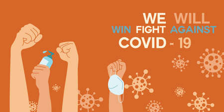 The masked man raised his fist with confidence. The back has a message "We will win fight against COVID-19"の写真素材
