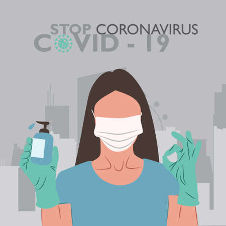 Stop Corona Virus by wiping your hand Womans hand using a bottle of hand sanitizer, hand disinfecting gel, crucial for coronavirus.のイラスト素材