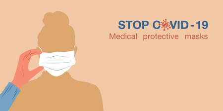 Masked woman uses an antiseptic stop covid vector.のイラスト素材