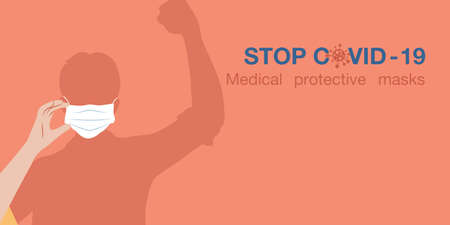 Guys in medical masks show stop gesture to spreading virus.のイラスト素材