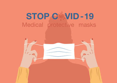 Woman is showing gesture attention. Woman wear medical protective mask against infectious diseases and flu. Stop the coronavirus.のイラスト素材