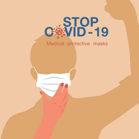 Boy is showing gesture attention. boy wear medical protective mask against infectious diseases and flu.のイラスト素材
