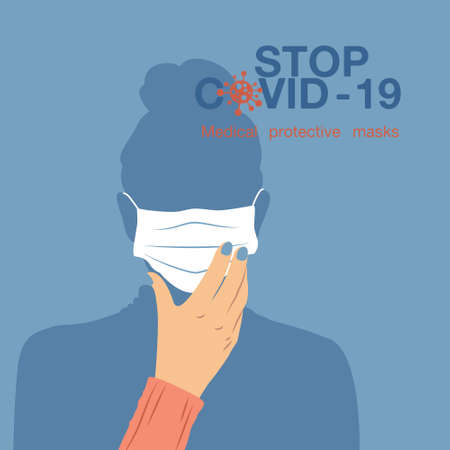 Woman is showing gesture attention. Woman wear medical protective mask against infectious diseases and flu.のイラスト素材