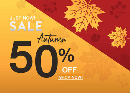 Happy autumn sale. banner for autumn sale with text 50 off just now in frame from red maple leaves.のイラスト素材
