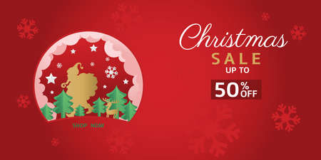 Christmas sales, green tree and 50 percent discount on a red background.のイラスト素材