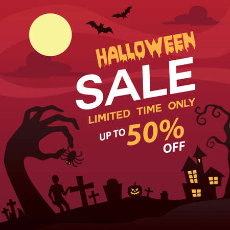 Halloween Sale banner or poster design with 50 discount offer and vampire man on red firing background.のイラスト素材