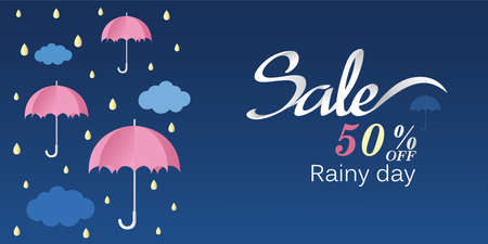 Rainy season. design with raining drops, umbrella and clouds on blue background. vectorのイラスト素材