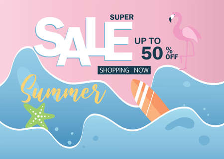 Summer sale vector banner design. Summer sale promotional discount text with summer beach elements like floatersのイラスト素材