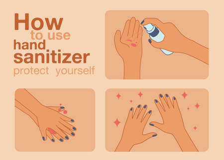 Vector illustrations artwork of hands sanitizing to kill and disinfect virus, bacteria, and germs.のイラスト素材