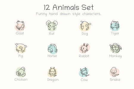 Cute zodiac signs icon.  12 characters in one set zodiac animals. Vector illustration.のイラスト素材