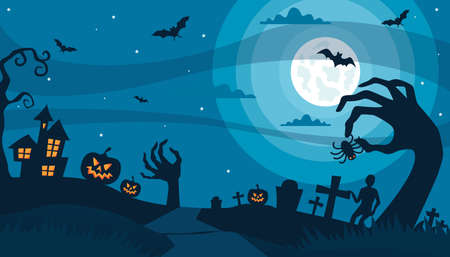 Halloween night background with pumpkin, house and full moon.  horror ghost and bat, witch, spider and skull, creepy skeleton and haunted house festive banner designのイラスト素材